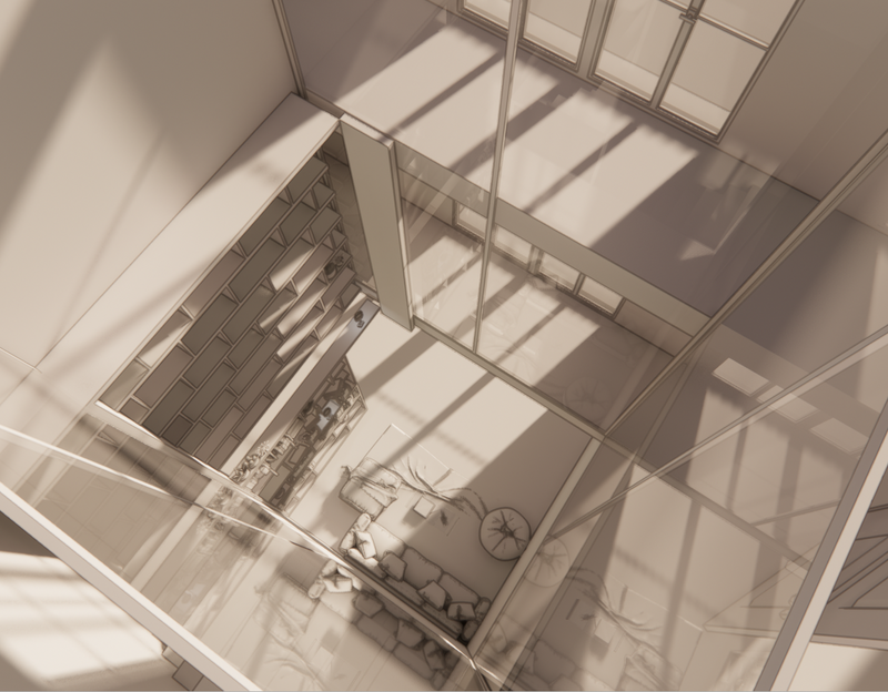 Rendu 3D — axes de travail et aménagement intérieur